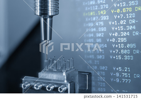 Abstract scene of a CNC milling machine cutting an electrode part with a ball nose end mill and G-code data background. 141531715