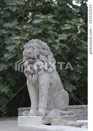 Stone Lion Statue Guarding Entrance in Garden Stone Lion Statue Guarding Entrance in Garden 141532055