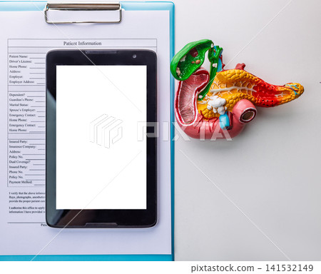 Pancreas anatomical model with digital tablet for gastroenterology consultation. Blank screen for medical application or healthcare presentation Pancreas anatomical model with digital tablet for gastroenterology consultation. Blank screen for medical application or healthcare presentation 141532149