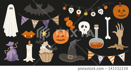 Hand-drawn Halloween set for party decor, bunting flags, skull, jack-o-lantern pumpkin, bone, bat and ghost and scary sweets 141532239