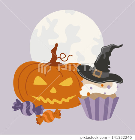 Hand-drawn Halloween card with pumpkin Jack-o-lantern, witch hat and scary cupcake and trick-or-treat sweets for seasonal decor Hand-drawn Halloween card with pumpkin Jack-o-lantern, witch hat and scary cupcake and trick-or-treat sweets for seasonal decor 141532240