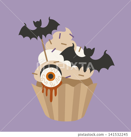 Hand-drawn Halloween spooky cupcake with bloody eyeball and bats for seasonal party decor, cards or packaging Hand-drawn Halloween spooky cupcake with bloody eyeball and bats for seasonal party decor, cards or packaging 141532245