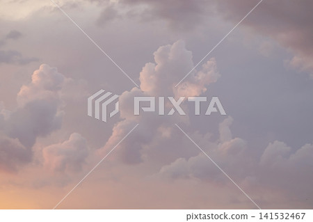 Soft pink and purple clouds at sunset. Fluffy cumulus clouds in the sky. Soft pink and purple clouds at sunset. Fluffy cumulus clouds in the sky. 141532467