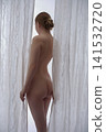Elegant nude woman from back standing between white sheer curtains 141532720