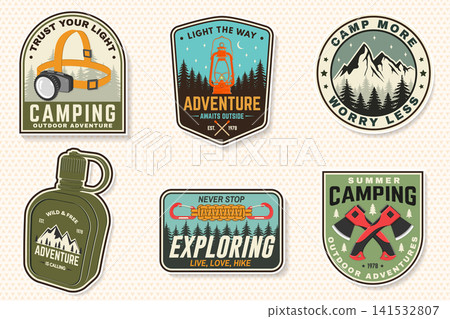Vintage Camping Badge Collection Vector Set. Outdoor Adventure emblems with tourist canteen flask, lantern, paracord bracelet, mountain, hiking and survival designs. 141532807