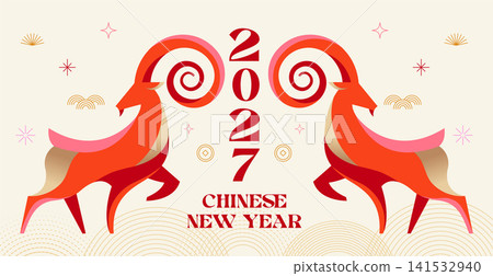 Chinese New Year 2027 banner, poster and greeting card template. Year of the Goat modern red and Chinese New Year 2027 banner, poster and greeting card template. Year of the Goat modern red and 141532940
