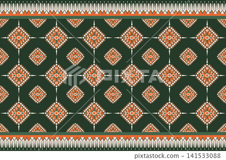 Decorative seamless tribal border pattern with forest green background, geometric diamond ornaments and ethnic motifs for fabric, wallpaper, home decor, wrapping paper and textile design Decorative seamless tribal border pattern with forest green background, geometric diamond ornaments and ethnic motifs for fabric, wallpaper, home decor, wrapping paper and textile design 141533088