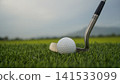 Golf clubs and balls on a green lawn in a beautiful golf course with morning sunshine. 141533099