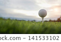 Golf ball on tee in a beautiful golf course with morning sunshine. 141533102