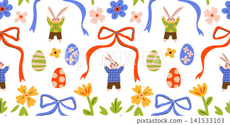 Cute Easter bunny, decorative eggs, flowers, ribbons, vector seamless pattern. Scandinavian folk style. Fabric, wrapping paper, wallpaper, nursery decor, textiles, stationery, spring holiday designs Cute Easter bunny, decorative eggs, flowers, ribbons, vector seamless pattern. Scandinavian folk style. Fabric, wrapping paper, wallpaper, nursery decor, textiles, stationery, spring holiday designs 141533103
