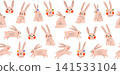 Cute hand-drawn bunny in various poses, seamless pattern, minimalist style, soft pastel colors. For Easter textiles, wrapping paper, nursery decor, childrens fabric, wallpaper, stationery, gift boxes 141533104