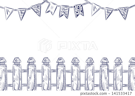 A wooden fence and hanging flags, hand-drawn in ink. A nautical-themed illustration for a holiday invitation or greeting card. Vector illustration 141533417