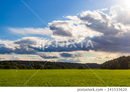 Lush green meadow under a dynamic sky with sun-drenched clouds and distant forests. This vibrant, serene landscape offers pure, natural beauty Lush green meadow under a dynamic sky with sun-drenched clouds and distant forests. This vibrant, serene landscape offers pure, natural beauty 141533620