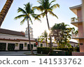 White Clock Tower Building Framed By Tall Palm Trees At Sunrise 141533762