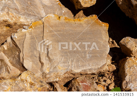 Raw limestone slab with distinct sedimentary layers, sunlit rough textured rock surface found in an old abandoned quarry setting with natural mineral deposits and earth tones Raw limestone slab with distinct sedimentary layers, sunlit rough textured rock surface found in an old abandoned quarry setting with natural mineral deposits and earth tones 141533915