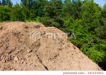 Large mound of loose earth dumped at the edge of a wooded ravine, showing raw soil texture and uneven debris piled up in a natural forest clearing area Large mound of loose earth dumped at the edge of a wooded ravine, showing raw soil texture and uneven debris piled up in a natural forest clearing area 141533952