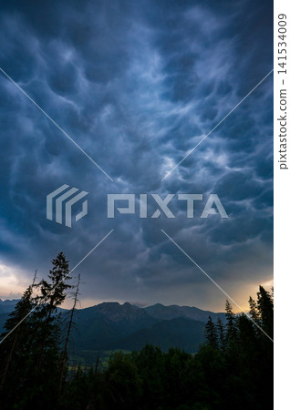Dramatic Mammatus Clouds Above Mountain Forest Before Storm 141534009