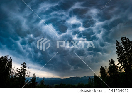 Dramatic Mammatus Clouds Above Mountain Forest Before Storm Dramatic Mammatus Clouds Above Mountain Forest Before Storm 141534012