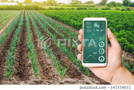 Smart Farming App Monitoring Green Crop Field Smart Farming App Monitoring Green Crop Field 141534031
