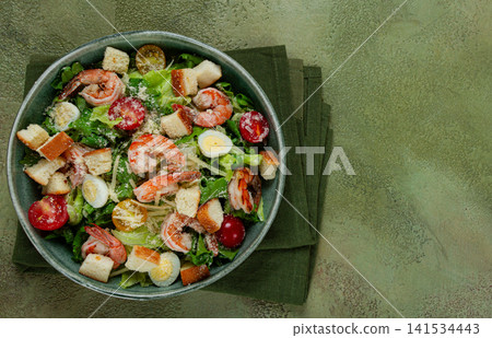 caesar salad, with tiger prawns, shrimp salad, lettuce, quail eggs, cherry tomatoes, parmesan cheese, no people, 141534443