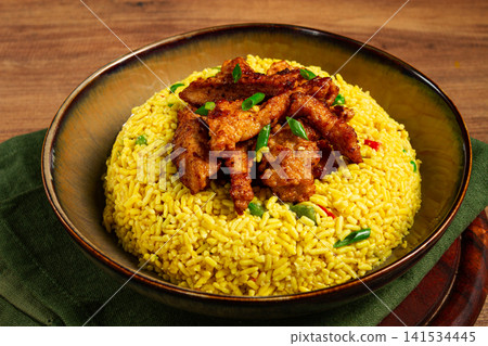 crispy chicken fillet in soy sauce, with fried rice, homemade, no people, crispy chicken fillet in soy sauce, with fried rice, homemade, no people, 141534445