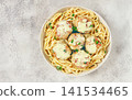 spaghetti with chicken meatballs, with cream sauce, and parmesan cheese, and decorated with microgreens, homemade, no people, 141534465