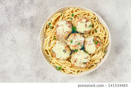 spaghetti with chicken meatballs, with cream sauce, and parmesan cheese, and decorated with microgreens, homemade, no people, spaghetti with chicken meatballs, with cream sauce, and parmesan cheese, and decorated with microgreens, homemade, no people, 141534465