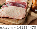 Fresh raw duck breast, on a wooden chopping board, top view, no people, 141534475