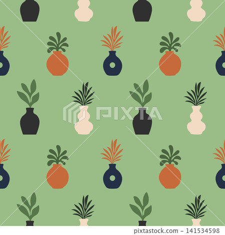 Modern mediterranean ceramic vase seamless pattern with botanical houseplants. Trendy design for cover, print, banner, wrapping paper and more Modern mediterranean ceramic vase seamless pattern with botanical houseplants. Trendy design for cover, print, banner, wrapping paper and more 141534598
