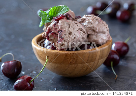 Chocolate-cherry lactose-free ice cream. Chocolate-cherry lactose-free ice cream. 141534871