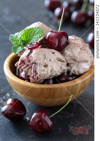Homemade lactose-free chocolate cherry ice cream. Homemade lactose-free chocolate cherry ice cream. 141534872
