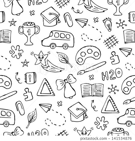 Back to school black line hand drawn doodle seamless pattern. Whimsical kawaii vector doodles, graduation cap, paper plane, prize, ruler, notes, school bus, notebook, bell, cute star, etc. Back to school black line hand drawn doodle seamless pattern. Whimsical kawaii vector doodles, graduation cap, paper plane, prize, ruler, notes, school bus, notebook, bell, cute star, etc. 141534876