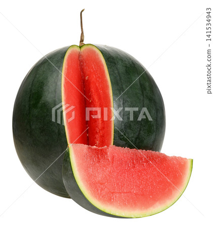 Ripe dark watermelon with a cut and a juicy red slice cut out Ripe dark watermelon with a cut and a juicy red slice cut out 141534943