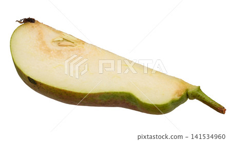 A juicy slice of ripe green pear with a pit and stem on an isolated background A juicy slice of ripe green pear with a pit and stem on an isolated background 141534960