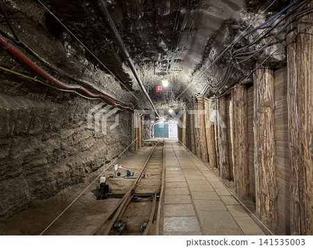 Mine tunnel interior with wooden supports Mine tunnel interior with wooden supports 141535003
