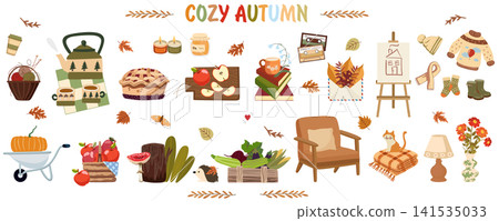 Cozy Autumn Collection. Vector Set of Cozy Fall Home, Kitchen and Cottage Elements 141535033
