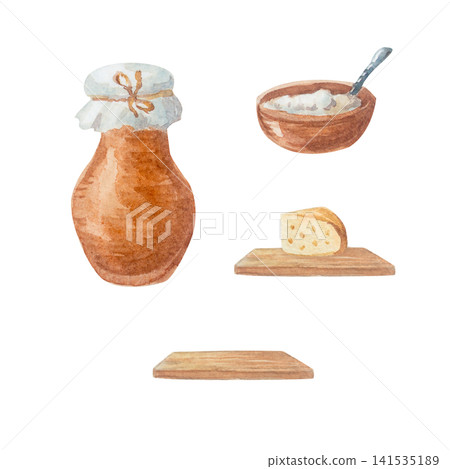 Watercolor rustic dairy farm food set. Isolated hand drawn clay pot, cottage cheese bowl and wooden board illustration element collection for cottagecore country design. Realistic drawing 141535189