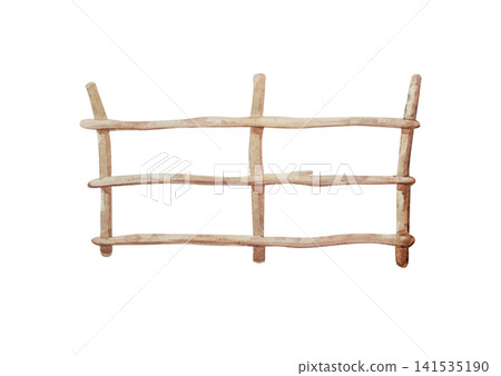Watercolor vintage wooden farm fence. Isolated hand drawn rustic barrier illustration element for cottagecore country design. Realistic detailed rural timber hedge drawing 141535190