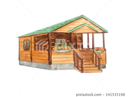 Watercolor rustic wooden farm cabin house. Isolated hand drawn timber cottage illustration element for cottagecore country design. Realistic detailed rural log home building drawing Watercolor rustic wooden farm cabin house. Isolated hand drawn timber cottage illustration element for cottagecore country design. Realistic detailed rural log home building drawing 141535198