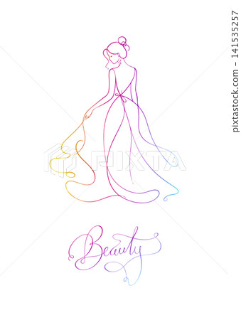 One line silhouette of a beautiful girl Hand drawn. Wedding dress salon. Not AI, vector illustration. One line silhouette of a beautiful girl Hand drawn. Wedding dress salon. Not AI, vector illustration. 141535257
