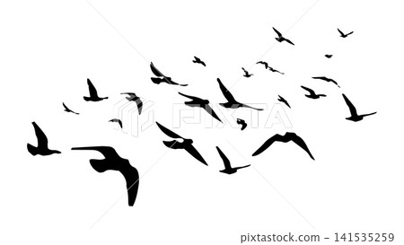 Flying birds silhouette flock. hand drawing. Not AI. Vector illustration Flying birds silhouette flock. hand drawing. Not AI. Vector illustration 141535259