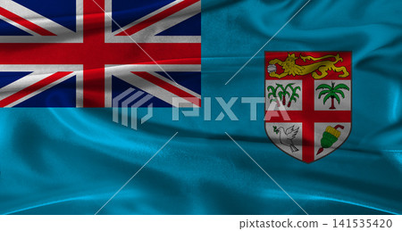 Flag of Fiji with fabric textured background. Close up of National flag of Fiji with realistic texture Flag of Fiji with fabric textured background. Close up of National flag of Fiji with realistic texture 141535420
