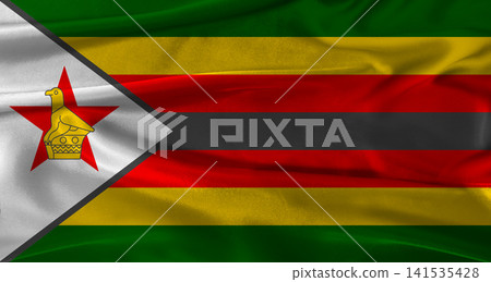 Flag of Zimbabwe with fabric textured background. Close up of National flag of Zimbabwe with realistic texture Flag of Zimbabwe with fabric textured background. Close up of National flag of Zimbabwe with realistic texture 141535428