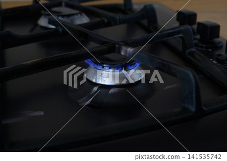 Lit gas burner on a black household gas stove. Empty black metal grate on the cooktop of a kitchen stove. Household appliances Lit gas burner on a black household gas stove. Empty black metal grate on the cooktop of a kitchen stove. Household appliances 141535742