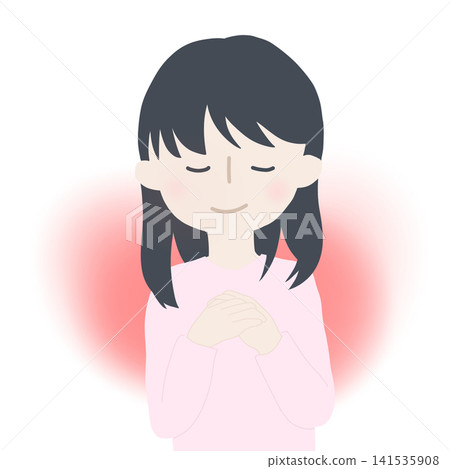 A woman with her hands clasped in front of her chest, eyes closed, and smiling (exuding a warm light/aura) A woman with her hands clasped in front of her chest, eyes closed, and smiling (exuding a warm light/aura) 141535908