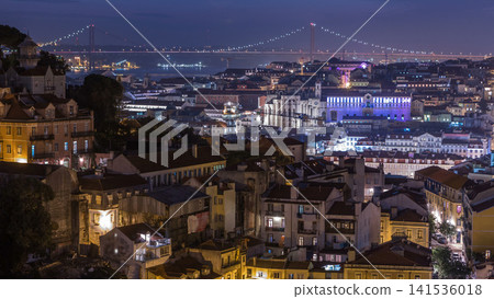 Lisbon panorama after sunset aerial view of city centre with red roofs at autumn day to night timelapse, Portugal Lisbon panorama after sunset aerial view of city centre with red roofs at autumn day to night timelapse, Portugal 141536018