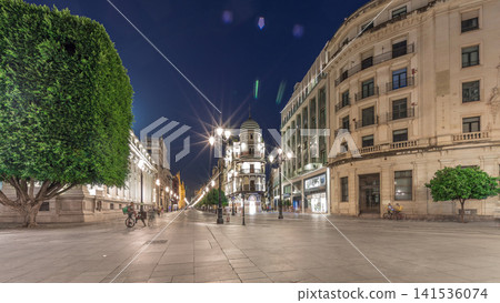 Illuminated Adriatica building on Avenida de la Constitucion at night, Seville, Spain Illuminated Adriatica building on Avenida de la Constitucion at night, Seville, Spain 141536074