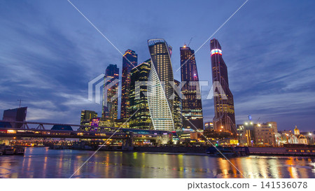 Skyscrapers International Business Center City day to night timelapse hyperlapse, Moscow, Russia 141536078
