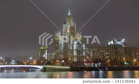 Night view of the Kotelnicheskaya Embankment Building hyperlapse in Moscow timelapse, Russia. 141536081