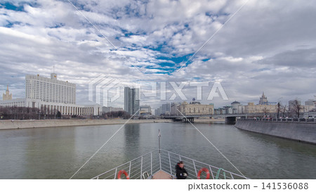 Moscow River. River cruise ships on the Moscow river winter timelapse hyperlapse 141536088